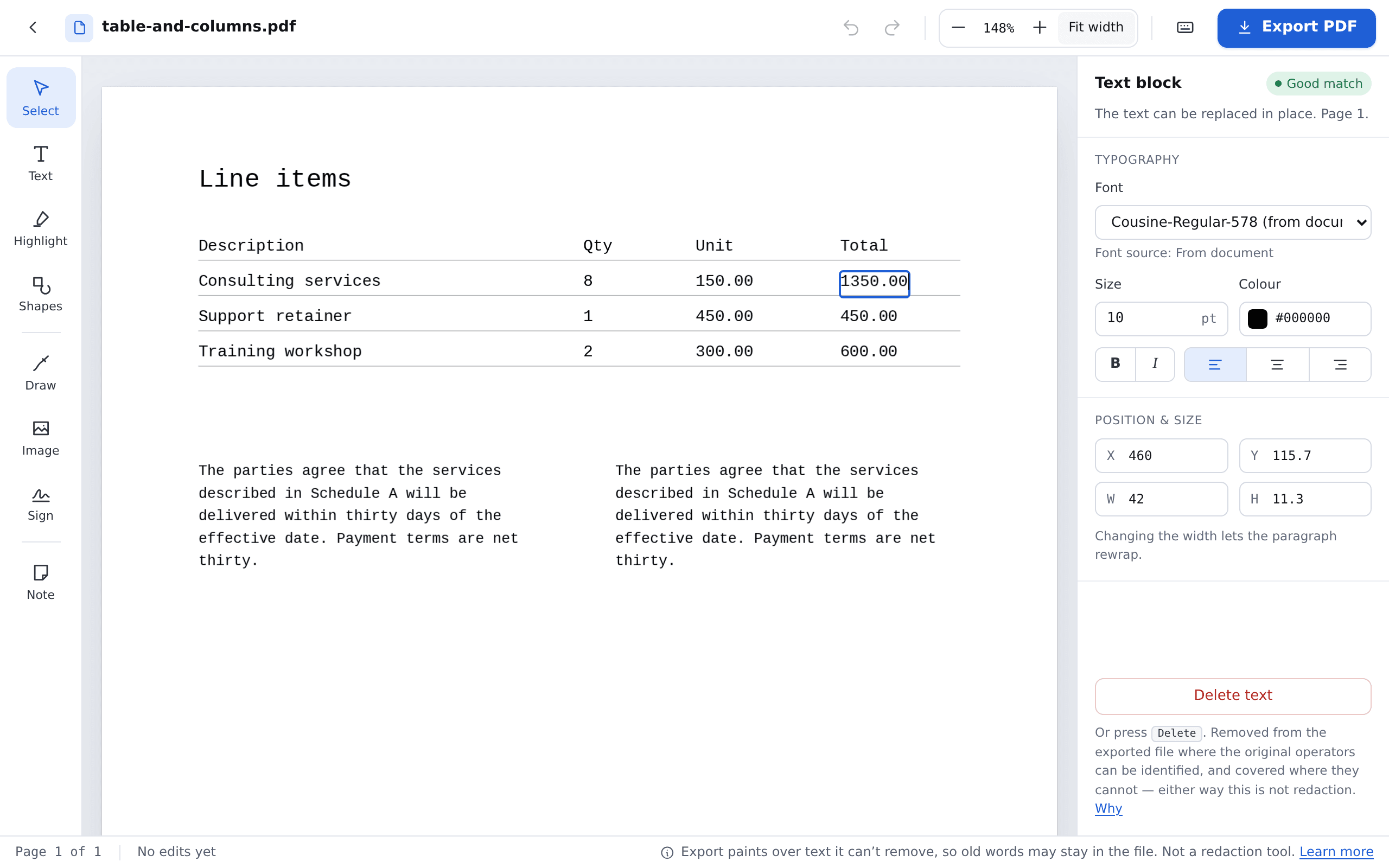 The editor with an invoice-style table open. The total in the first row is being typed over from 1200.00 to 1350.00, in the same typewriter font as the rest of the table; the panel on the right marks the block as a good match and shows its font as read from the document.